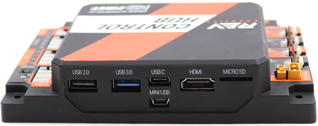 The ports from left to right are: USB 2.0, USB 3.0, USB C, USB Mini (below the USB C port), HDMI, and Micro SD.