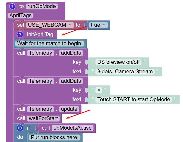 Blocks code showing the INIT code for the webcam is called before wait for start.