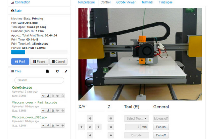 A picture of a prusa being controlled by an octoprint dash panel.