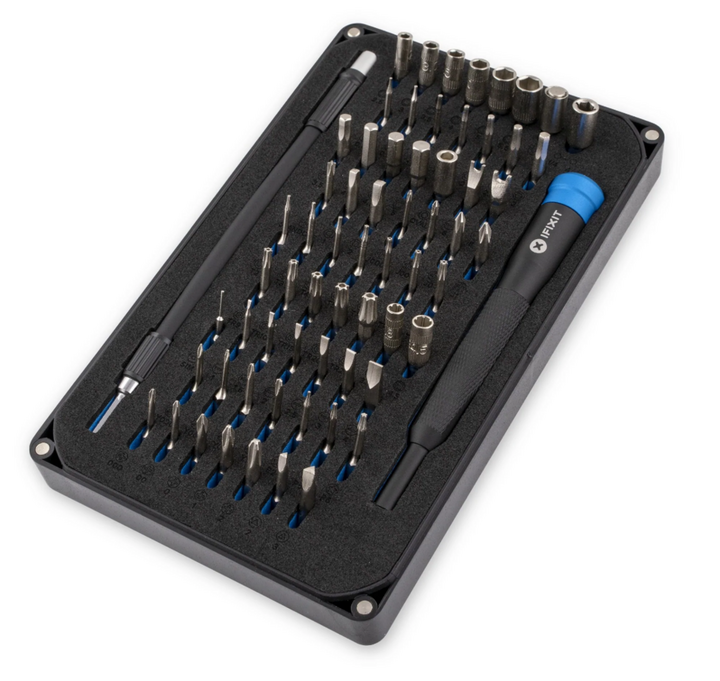 A screwdriver kit with many types of bits.